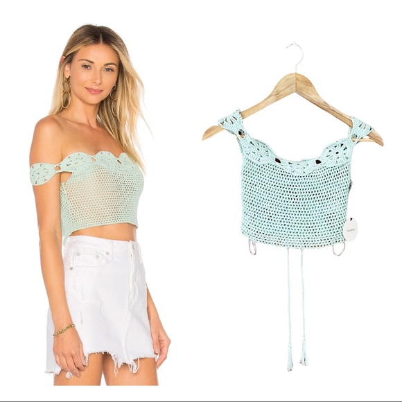 ❤️SOLD NWT Tularosa X Revolve Izzy Mint Crochet Knit Off Shoulder Tie Crop Top - Picture 10 of 11